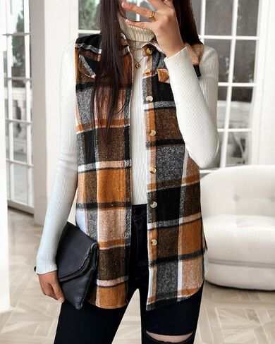 JTI Vest for Women, Flannel Plaid Lapel Neck Sleeveless Outerwear Vests, Button Front with Pockets Casual Jackets in Saudi Arabia