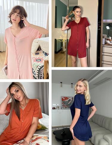 ekouaer زر لأسفل Lightgowns للنساء الأكمام القصيرة Nightshirt v neck sleepshirt للنوم صديقها pj فستان S-2XL in Saudi Arabia