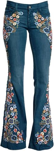 AULKEEP Women Embroidery Bell Bottom Jeans Slim Washed Floral Graphic Blue Jean Casual High Waist Pants in Saudi Arabia