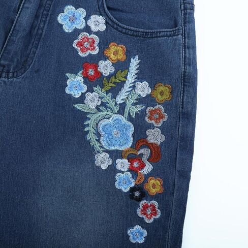 AULKEEP Women Embroidery Bell Bottom Jeans Slim Washed Floral Graphic Blue Jean Casual High Waist Pants in Saudi Arabia