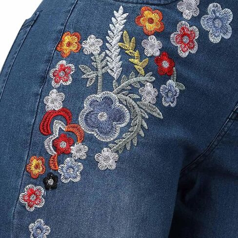 AULKEEP Women Embroidery Bell Bottom Jeans Slim Washed Floral Graphic Blue Jean Casual High Waist Pants in Saudi Arabia