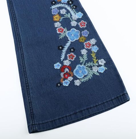AULKEEP Women Embroidery Bell Bottom Jeans Slim Washed Floral Graphic Blue Jean Casual High Waist Pants in Saudi Arabia
