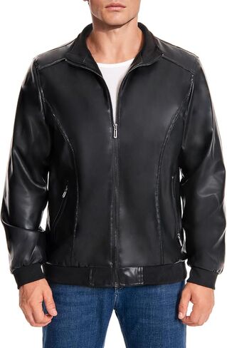 Mens Faux Leather Jacket Full-Zip Stand Collar Outerwear Lightweight Motorcycle Jacket in Saudi Arabia