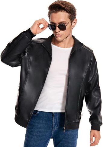 Mens Faux Leather Jacket Full-Zip Stand Collar Outerwear Lightweight Motorcycle Jacket in Saudi Arabia