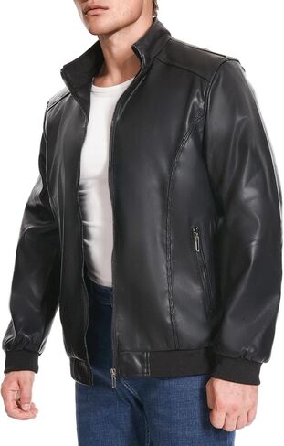 Mens Faux Leather Jacket Full-Zip Stand Collar Outerwear Lightweight Motorcycle Jacket in Saudi Arabia
