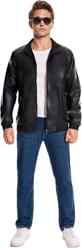 Mens Faux Leather Jacket Full-Zip Stand Collar Outerwear Lightweight Motorcycle Jacket in Saudi Arabia
