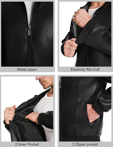 Mens Faux Leather Jacket Full-Zip Stand Collar Outerwear Lightweight Motorcycle Jacket in Saudi Arabia