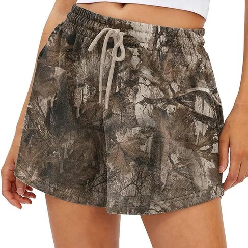 Lauweion Womens Lounge Camo Sweat Shorts Athletic High Waist Drawstring Maple Leaf Camouflage Workout Shorts with Pockets in Saudi Arabia