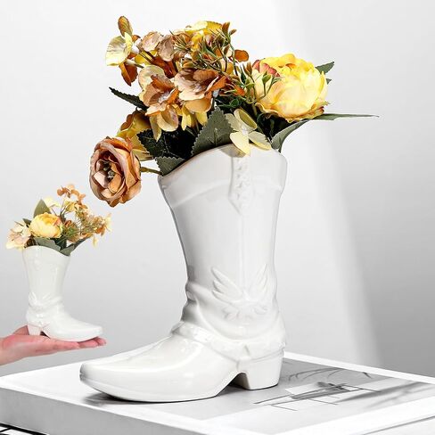 Cowgirl Boot Vase for Book Shelf Ceramic Cowboy Decoration Arrangements Nice Western Country Accent Vase Unique Boot Planter for Modern Aesthetic Room Wedding Decor(White,5.9 Inch) in Saudi Arabia