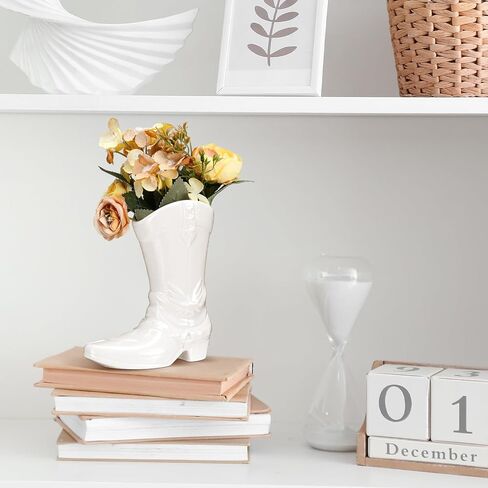 Cowgirl Boot Vase for Book Shelf Ceramic Cowboy Decoration Arrangements Nice Western Country Accent Vase Unique Boot Planter for Modern Aesthetic Room Wedding Decor(White,5.9 Inch) in Saudi Arabia