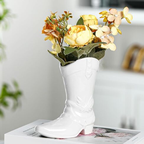 Cowgirl Boot Vase for Book Shelf Ceramic Cowboy Decoration Arrangements Nice Western Country Accent Vase Unique Boot Planter for Modern Aesthetic Room Wedding Decor(White,5.9 Inch) in Saudi Arabia
