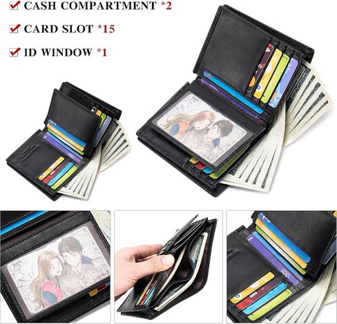 Large Capacity Mens Wallet Genuine Leather Rfid Blocking Bifold Wallet with Flap ID Window 2 Cash Compartments, Black in Saudi Arabia