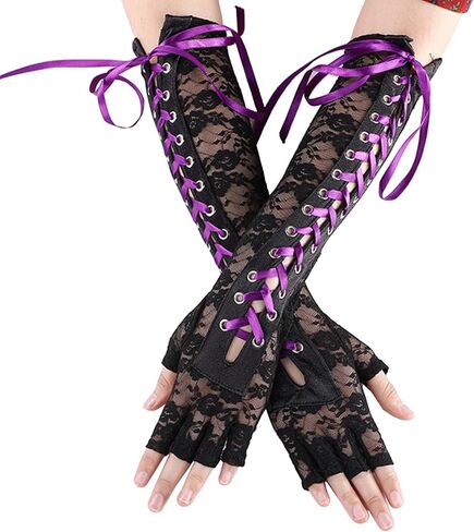 SOMTHRON Women's Lace Up Fingerless Gloves Long Steampunk Lace Satin Elbow Gloves Costume Party Halloween Arm Warmer in Saudi Arabia