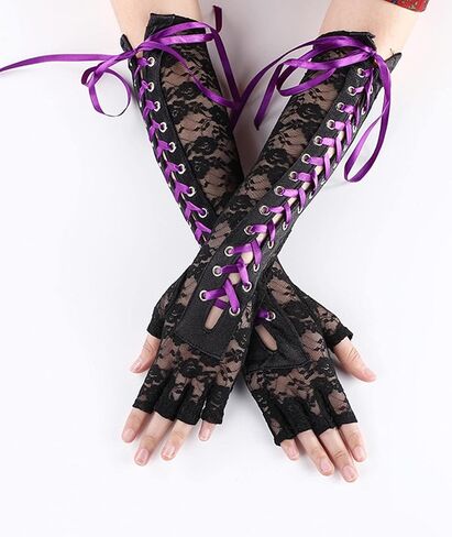 SOMTHRON Women's Lace Up Fingerless Gloves Long Steampunk Lace Satin Elbow Gloves Costume Party Halloween Arm Warmer in Saudi Arabia