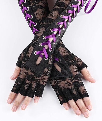 SOMTHRON Women's Lace Up Fingerless Gloves Long Steampunk Lace Satin Elbow Gloves Costume Party Halloween Arm Warmer in Saudi Arabia
