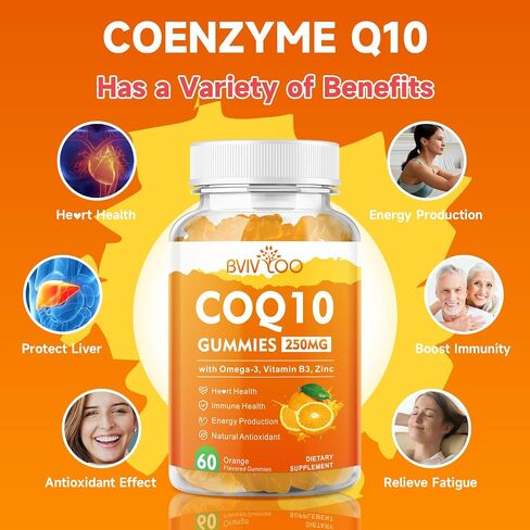 عبوتان من علكات CoQ10 250 مجم، بالإضافة إلى أوميغا 3 وفيتامين ب3 والزنك والمغنيسيوم - مكملات الإنزيم المساعد Q10 عالية الامتصاص لصحة القلب والطاقة الخلوية ودعم مضادات الأكسدة، 120 قطعة in Kuwait