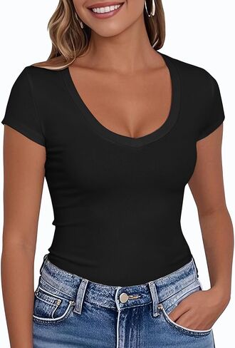 Palinda Women's V Neck Dritts Basic Casual Strety T Shirt قم بتصوير قمم الصيف قصيرة الأكمام in Kuwait