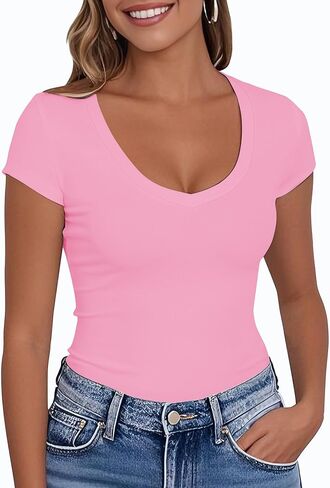 Palinda Women's V Neck Dritts Basic Casual Strety T Shirt قم بتصوير قمم الصيف قصيرة الأكمام in Kuwait