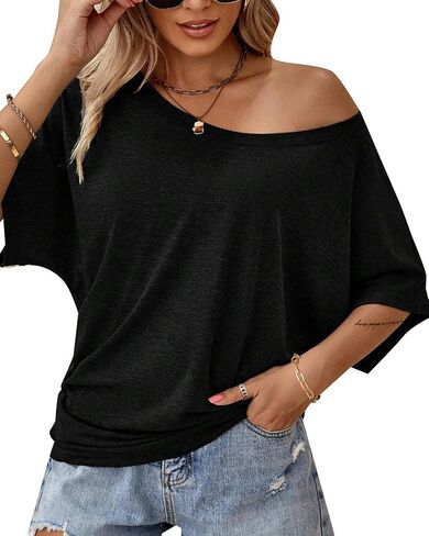 Hilinker Womens Sexy Off The Shoulder Tops Short Batwing Sleeve T Shirt Oversized Casual Tee in Saudi Arabia