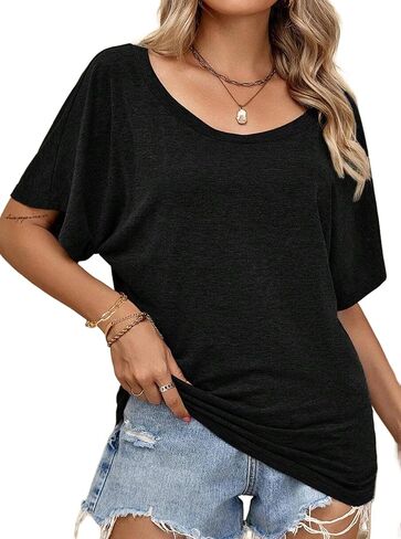 Hilinker Womens Sexy Off The Shoulder Tops Short Batwing Sleeve T Shirt Oversized Casual Tee in Saudi Arabia