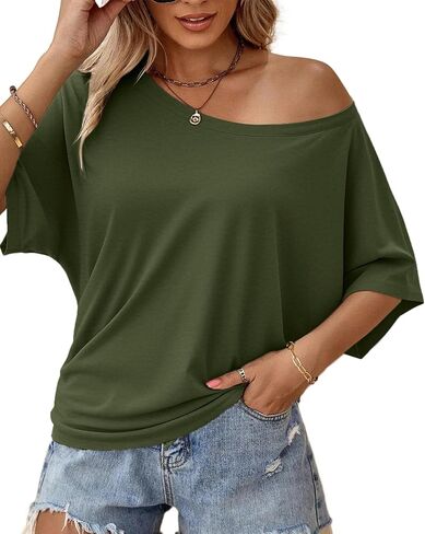 Hilinker Womens Sexy Off The Shoulder Tops Short Batwing Sleeve T Shirt Oversized Casual Tee in Saudi Arabia