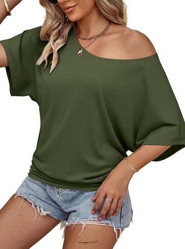 Hilinker Womens Sexy Off The Shoulder Tops Short Batwing Sleeve T Shirt Oversized Casual Tee in Saudi Arabia