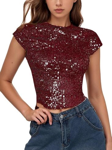 Wdirara Women's requin Boat Dibrts Parkle Glitter Backless Tee Cap قمم محصول in Kuwait