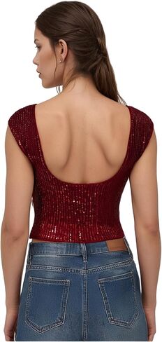 Wdirara Women's requin Boat Dibrts Parkle Glitter Backless Tee Cap قمم محصول in Kuwait