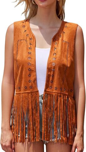 Western Women Fringe Tassel Vest 70s Cowgirl Faux Suede Sleeveless Vest in Kuwait