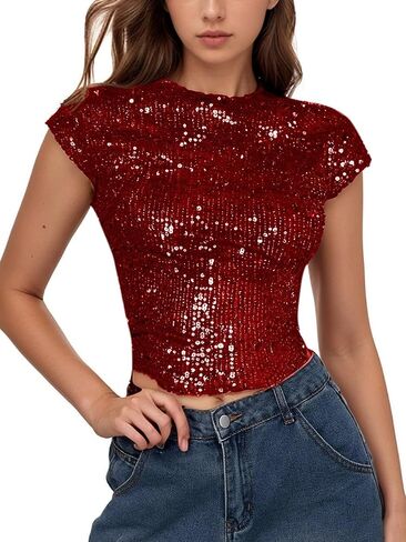 Wdirara Women's requin Boat Dibrts Parkle Glitter Backless Tee Cap قمم محصول in Kuwait