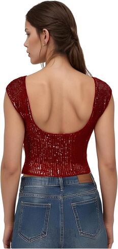 Wdirara Women's requin Boat Dibrts Parkle Glitter Backless Tee Cap قمم محصول in Kuwait