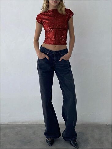 Wdirara Women's requin Boat Dibrts Parkle Glitter Backless Tee Cap قمم محصول in Kuwait