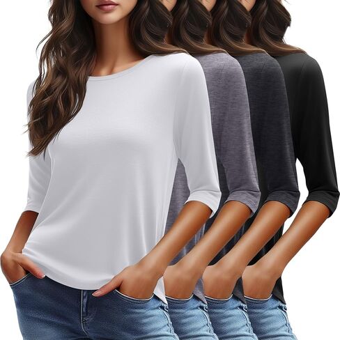 Huukeay 4 Pack Women's 3/4 Length Sleeve Tops Round Neck Casual Basic Tees Loose Fit Elbow Sleeve Tops in Saudi Arabia