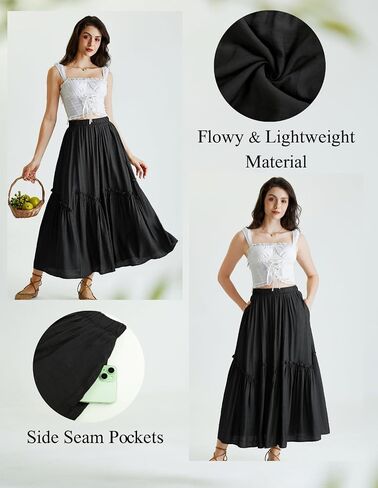 Scarlet Darkness Maxi Skirts for Women Renaissance High Waisted Boho Tiered Flowy Skirt with Pockets in Saudi Arabia