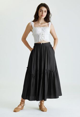 Scarlet Darkness Maxi Skirts for Women Renaissance High Waisted Boho Tiered Flowy Skirt with Pockets in Saudi Arabia