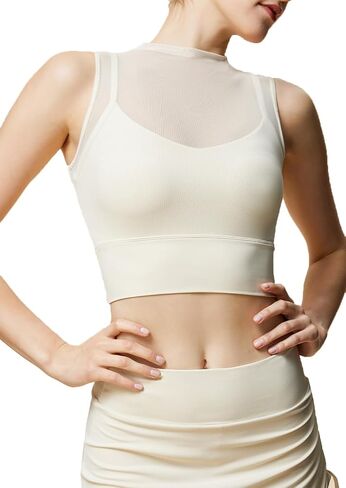 High Neck Crop Tops with Built in Bra Mesh Sports Bra Sheer Mock Neck Padded Workout Cropped Yoga Shirts in Saudi Arabia