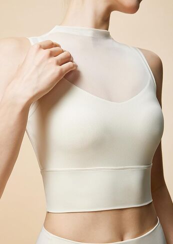 High Neck Crop Tops with Built in Bra Mesh Sports Bra Sheer Mock Neck Padded Workout Cropped Yoga Shirts in Saudi Arabia