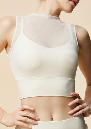 High Neck Crop Tops with Built in Bra Mesh Sports Bra Sheer Mock Neck Padded Workout Cropped Yoga Shirts in Saudi Arabia