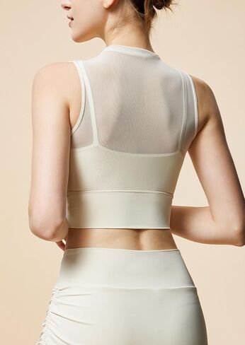 High Neck Crop Tops with Built in Bra Mesh Sports Bra Sheer Mock Neck Padded Workout Cropped Yoga Shirts in Saudi Arabia