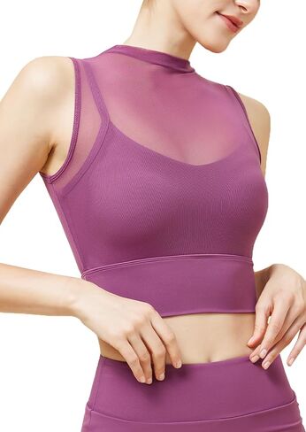 High Neck Crop Tops with Built in Bra Mesh Sports Bra Sheer Mock Neck Padded Workout Cropped Yoga Shirts in Saudi Arabia