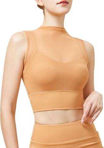 High Neck Crop Tops with Built in Bra Mesh Sports Bra Sheer Mock Neck Padded Workout Cropped Yoga Shirts in Saudi Arabia
