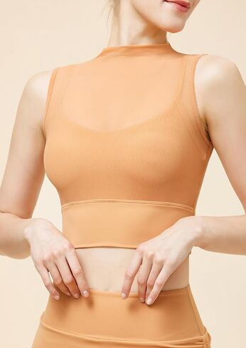 High Neck Crop Tops with Built in Bra Mesh Sports Bra Sheer Mock Neck Padded Workout Cropped Yoga Shirts in Saudi Arabia
