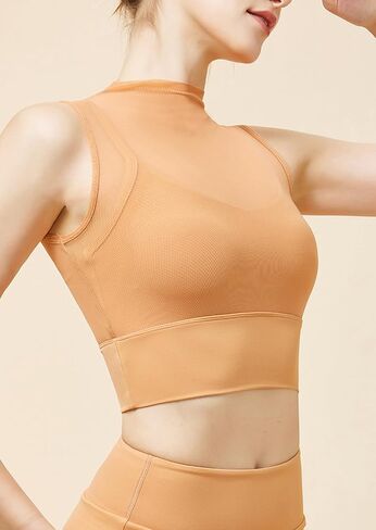 High Neck Crop Tops with Built in Bra Mesh Sports Bra Sheer Mock Neck Padded Workout Cropped Yoga Shirts in Saudi Arabia