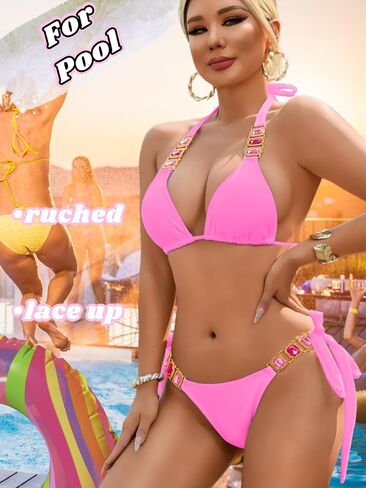 Women Sexy Crystal Rhinestone Bikini Set, Halter Triangle 2 Piece Swimsuit, High Cut Scrunch Butt Cheeky Bathing Suit in Saudi Arabia