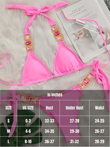 Women Sexy Crystal Rhinestone Bikini Set, Halter Triangle 2 Piece Swimsuit, High Cut Scrunch Butt Cheeky Bathing Suit in Saudi Arabia