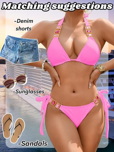 Women Sexy Crystal Rhinestone Bikini Set, Halter Triangle 2 Piece Swimsuit, High Cut Scrunch Butt Cheeky Bathing Suit in Saudi Arabia