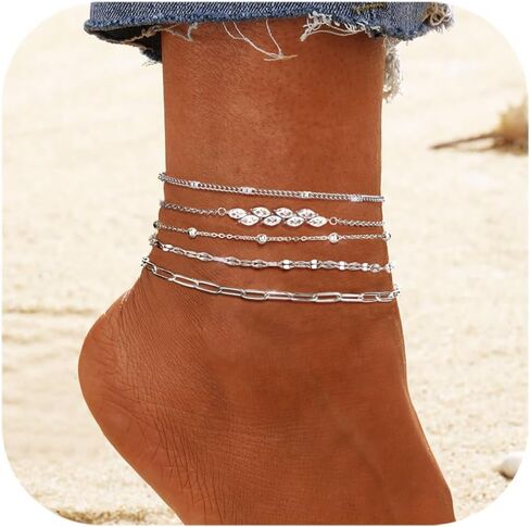 FUNRUN JEWELRY أساور الكاحل الذهبية، 14 ك مطلية بالذهب مقاومة للماء من الفولاذ المقاوم للصدأ الكوبي سلسلة ربط الكاحل مجموعة مشبك ورق فيجارو الطبقات خلخال أساور للنساء مجوهرات الصيف الشاطئ اللذيذة 5 قطع in Kuwait