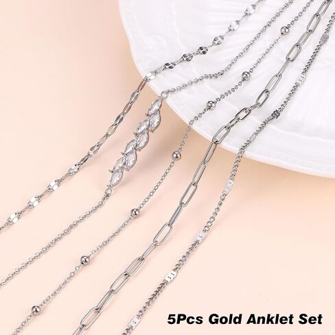 FUNRUN JEWELRY أساور الكاحل الذهبية، 14 ك مطلية بالذهب مقاومة للماء من الفولاذ المقاوم للصدأ الكوبي سلسلة ربط الكاحل مجموعة مشبك ورق فيجارو الطبقات خلخال أساور للنساء مجوهرات الصيف الشاطئ اللذيذة 5 قطع in Kuwait