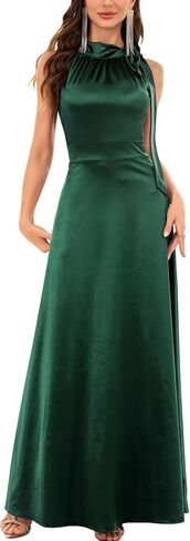 Womens Vintage Halter Tie Neck Satin Formal Cocktail Party Long Dress in Saudi Arabia