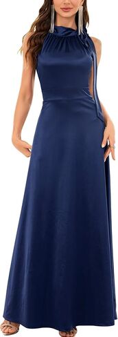 Womens Vintage Halter Tie Neck Satin Formal Cocktail Party Long Dress in Saudi Arabia